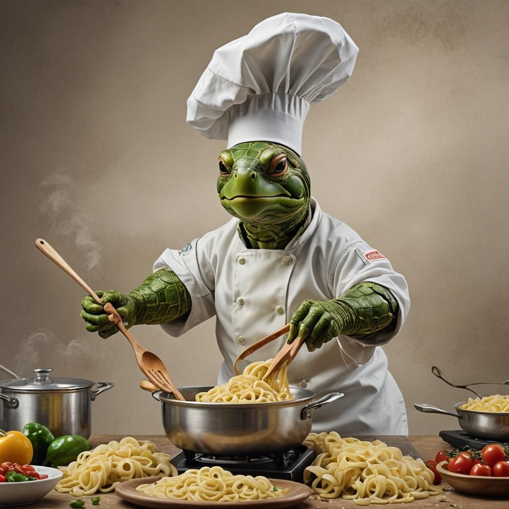 Chef Turtle Cooking Pasta in Hyperreal Style