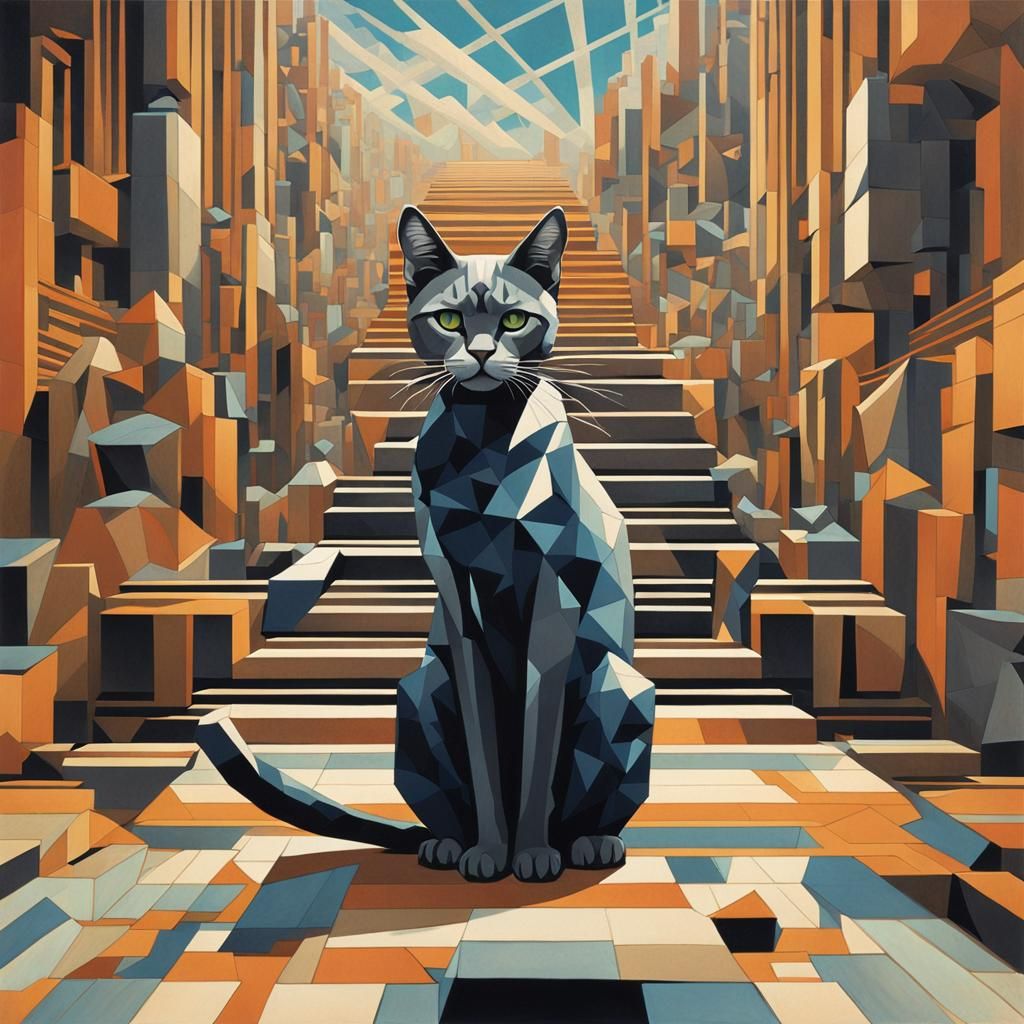 Fragmented Feline Guardian in Geometric Dreamscape