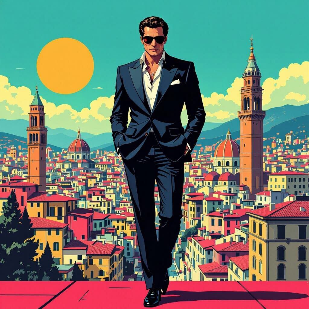 1980s Italian Mod Boss in Retro Cityscape