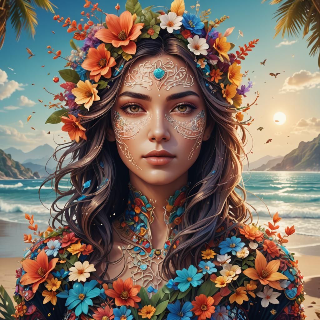 Floral Woman Digital Icon in Pop Art Style