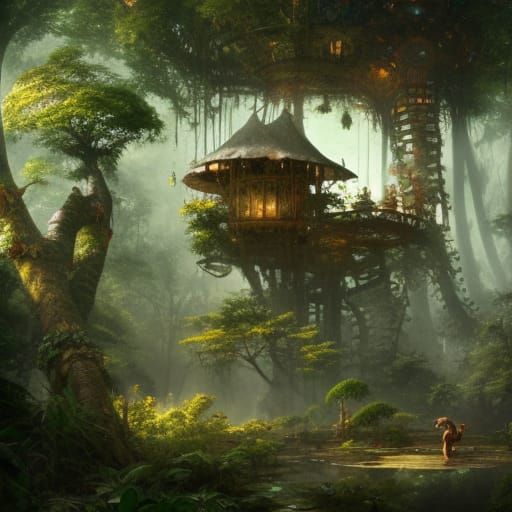 Ornate Jungle Elf Treehouse at Golden Hour