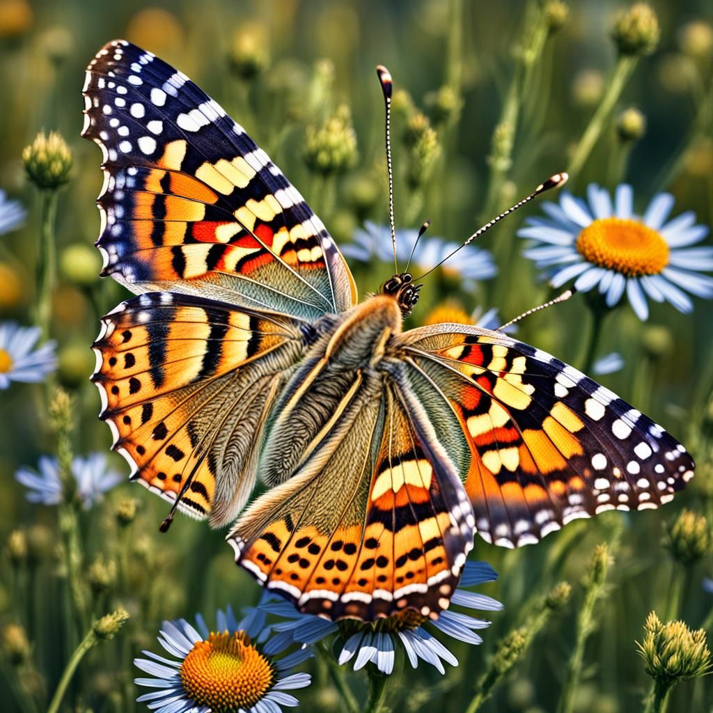 Detailed Painted Lady Butterfly Portrait in Summer Meadow