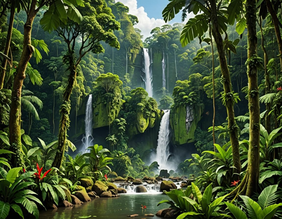 Lush Amazon Rainforest with Waterfall and Wildlife
