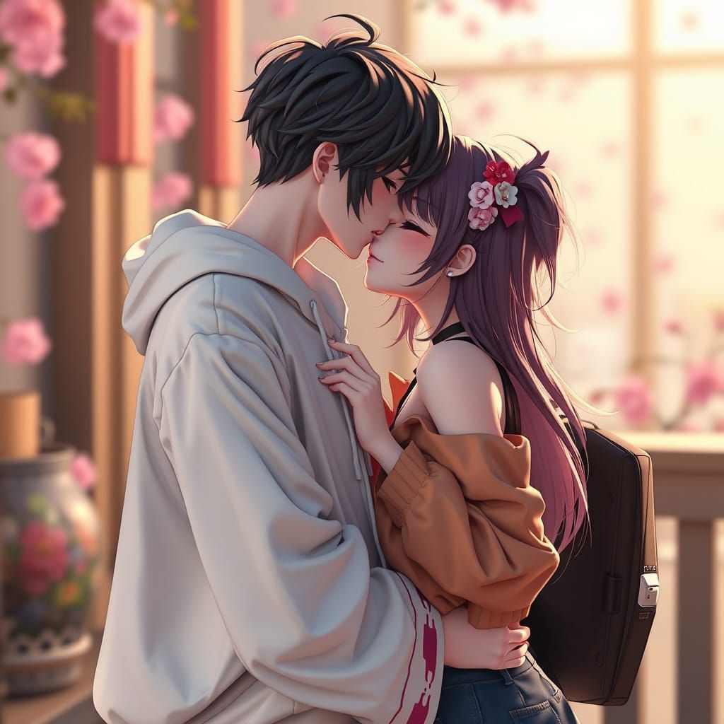 Romantic Anime-Style Couple Share a Passionate Kiss