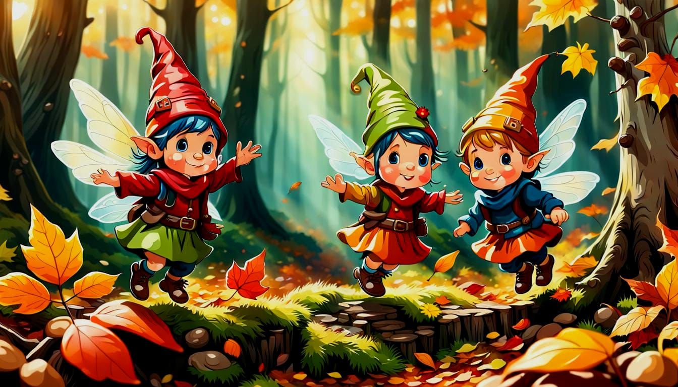Pixies and Gnome in Autumn Forest Cartoon