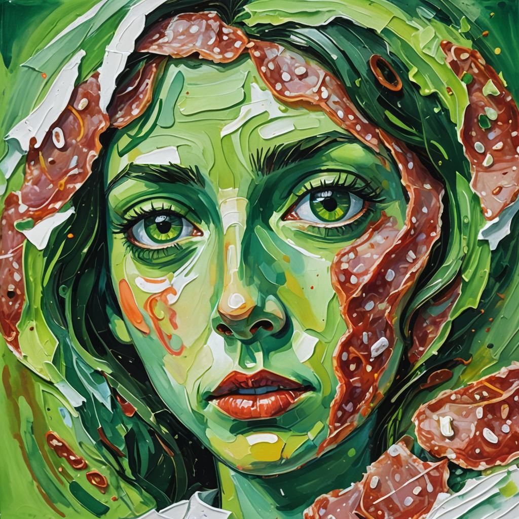 Surreal Salami Portrait as Gouache Painting
