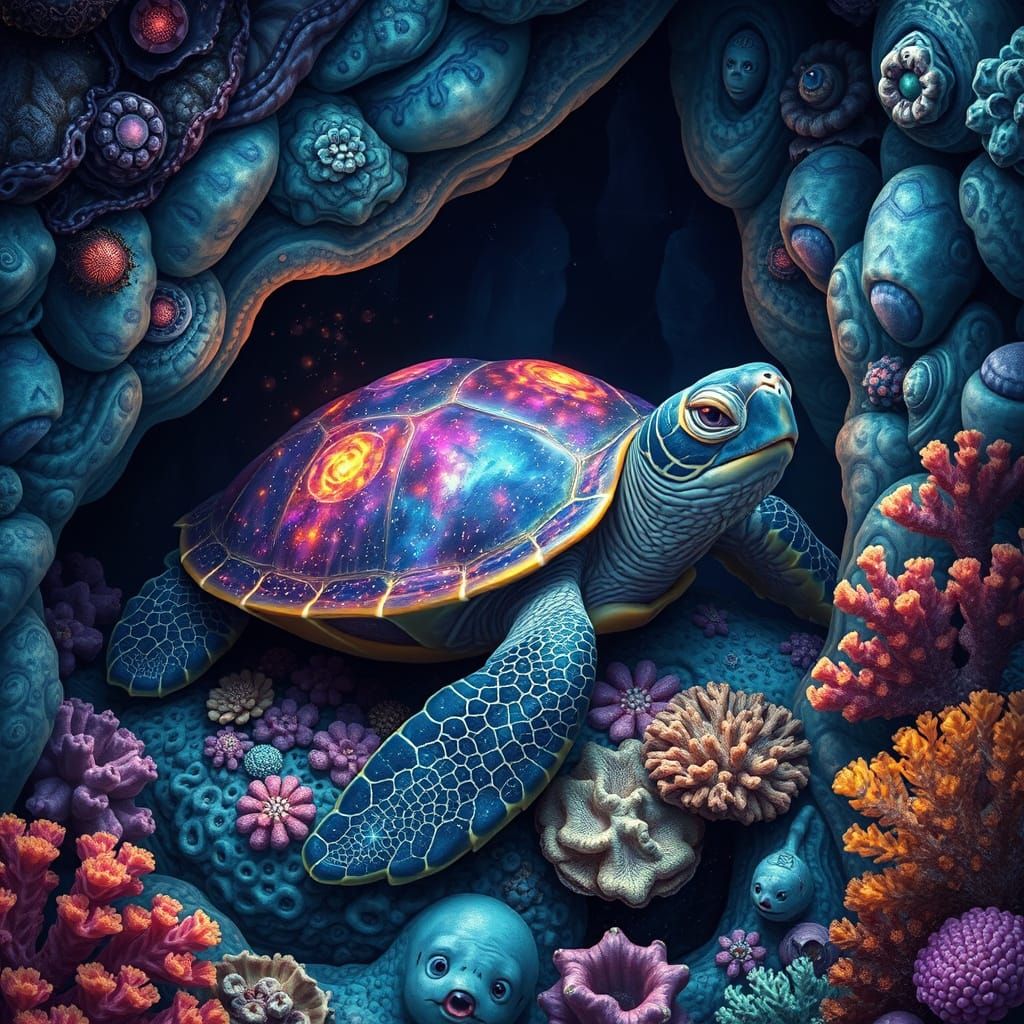 Cosmic Turtle Resting in Underwater Grotto