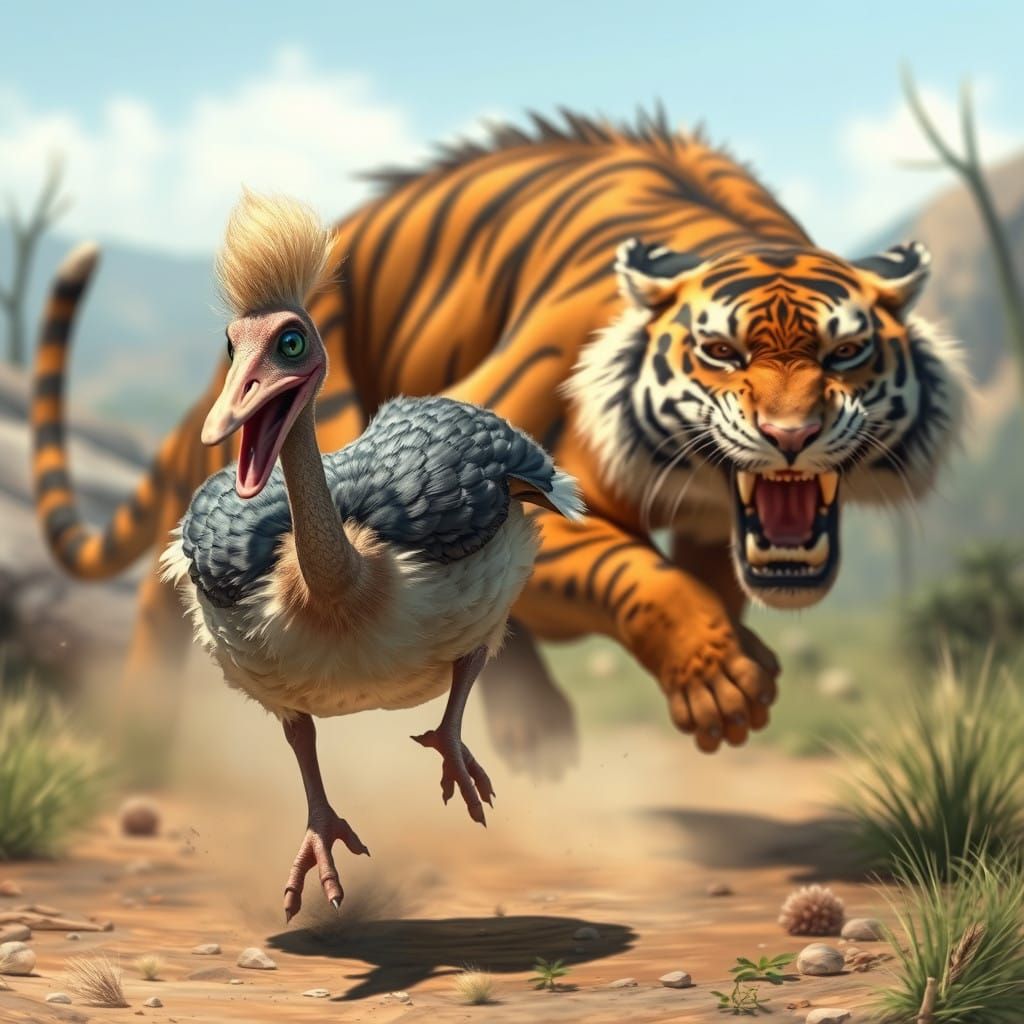Dodo and Saber-Toothed Tiger in Prehistoric Landscape