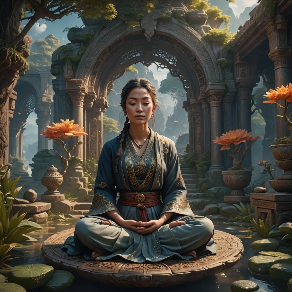 Lady in Peaceful Meditation: Detailed Fantasy Art