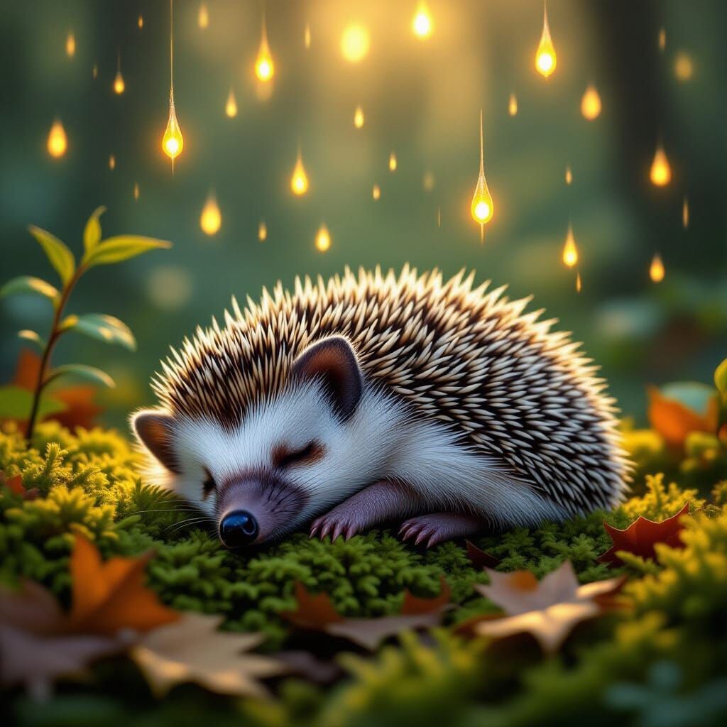 Hedgehog Slumbering Under Magical Amber Rain