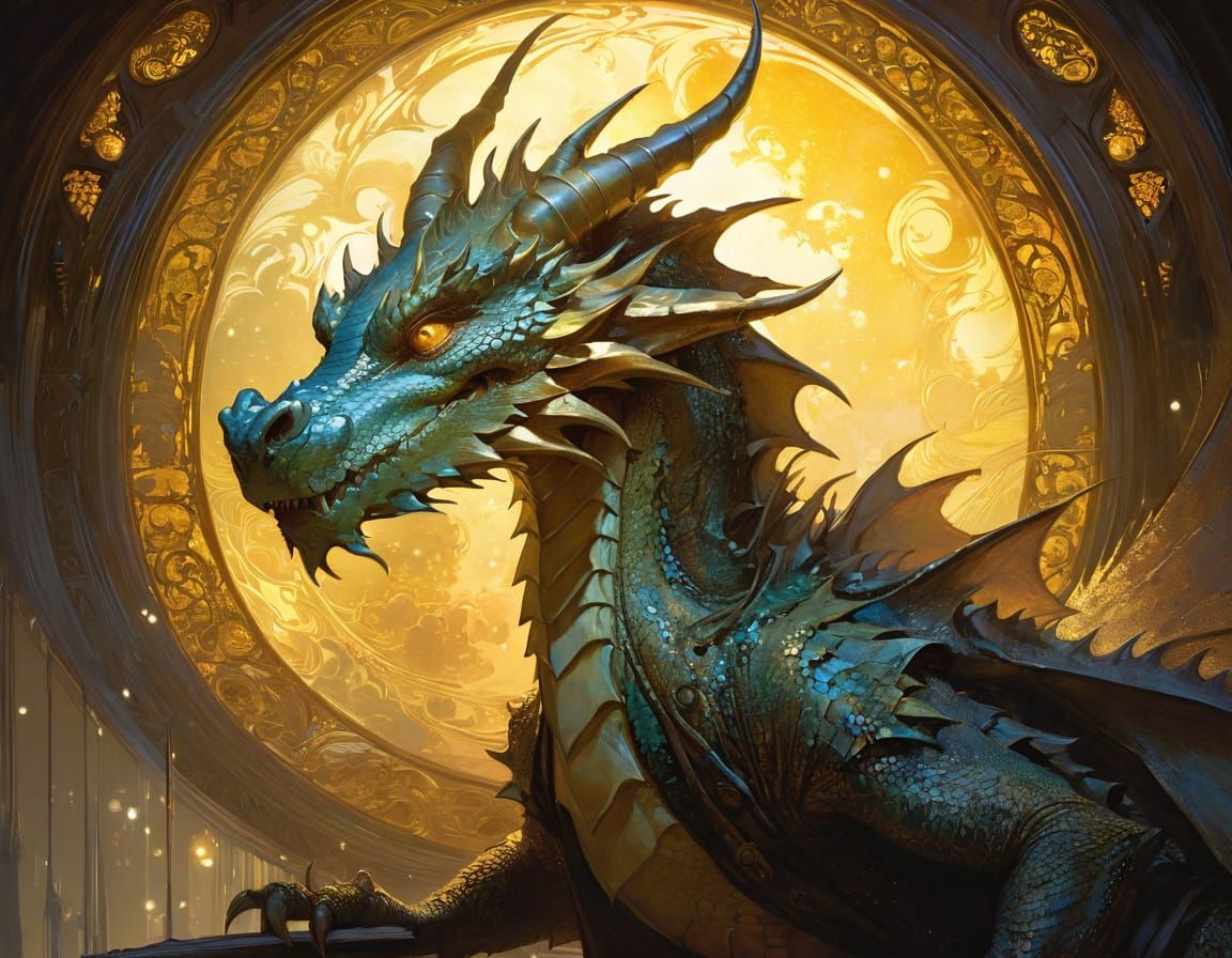 Dragon Painter in Golden Light, Enchanting Fantasy Art