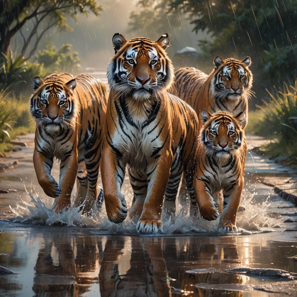 Tiger Family at Sunrise in Splash Art Style