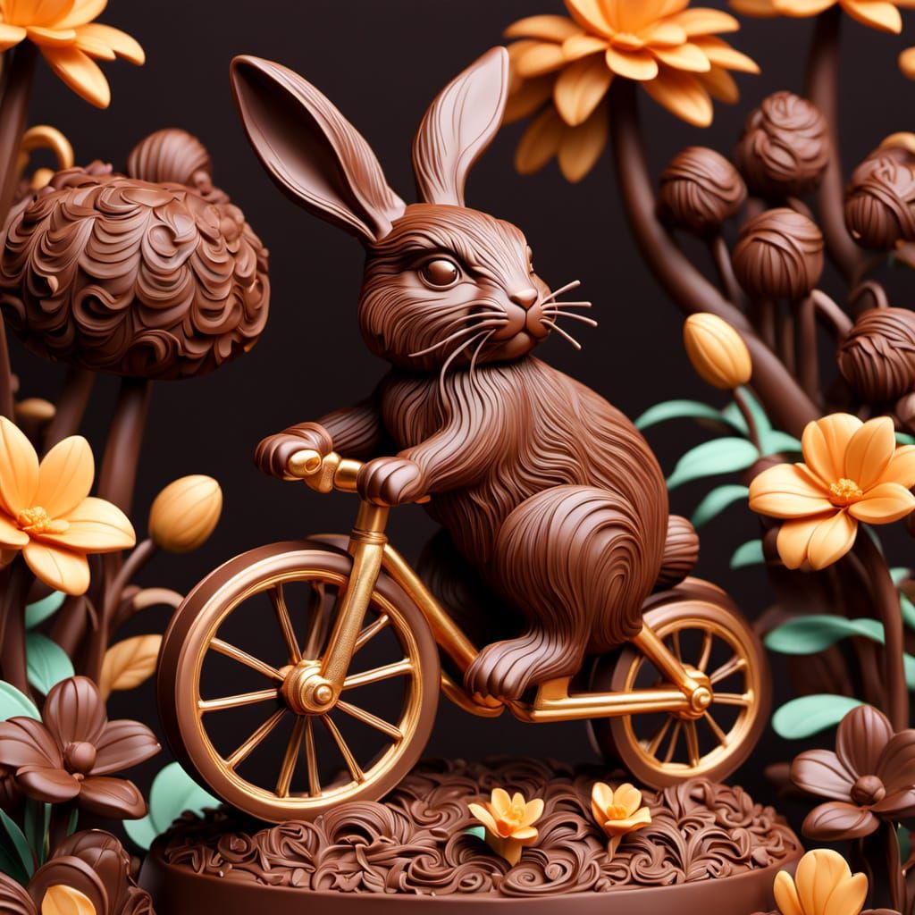 Chocolate Bunny Rides Bicycle in Chocolate Garden