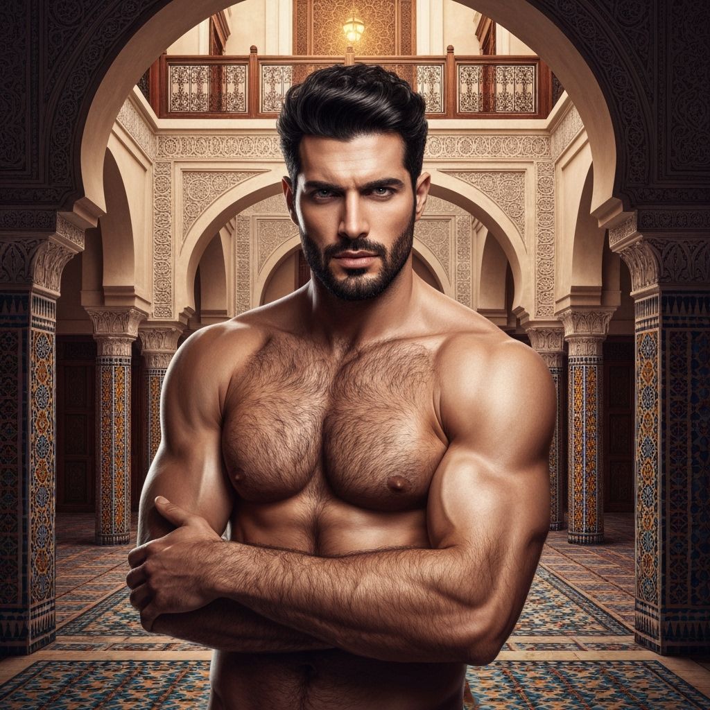 Handsome Arab Man in Moroccan Riad, Hyperrealistic Portrait