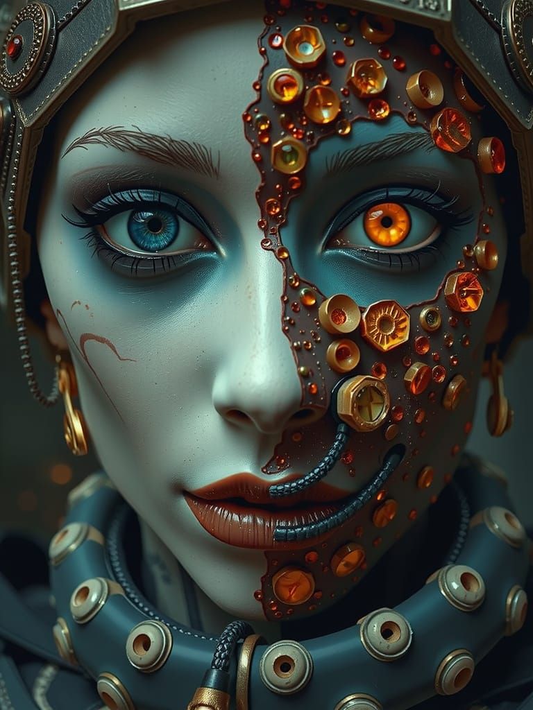 Beautiful Robot Face with Gothic and Sci-Fi Elements