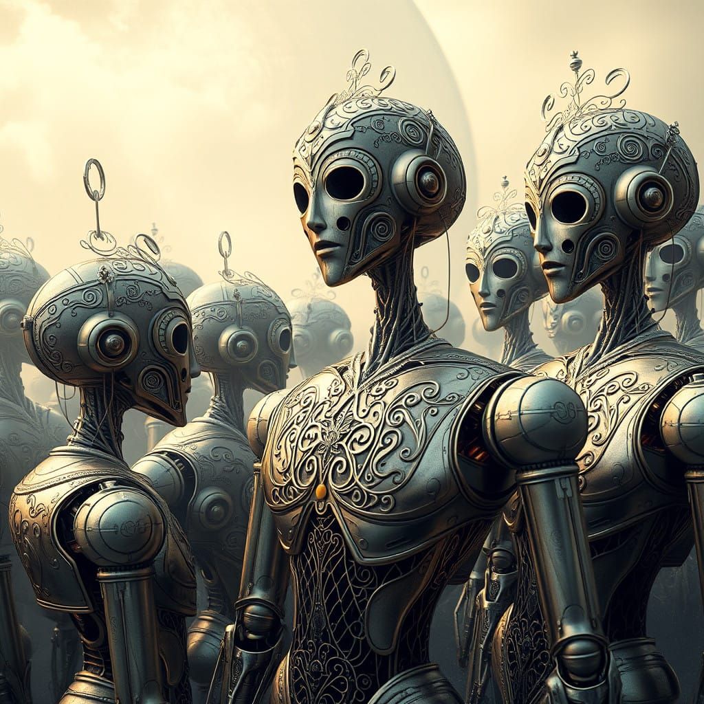 Robots in Dreamlike, Art Nouveau-Inspired Realm