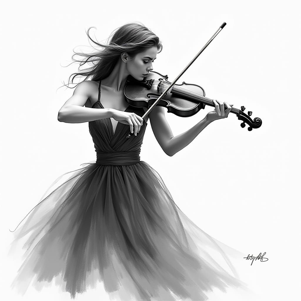 Violinist in Black and White Watercolor Style