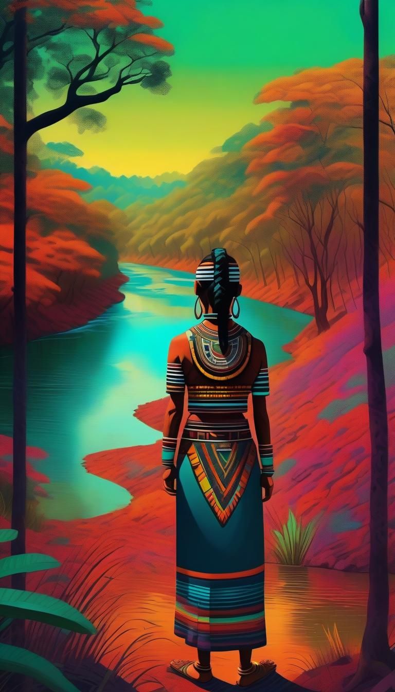 Aztec Woman in Dense Forest Panoramic View