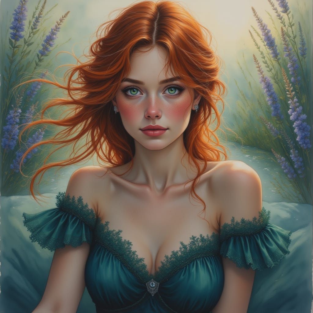 Romantic Oil Painting of Woman in Velvet Gown