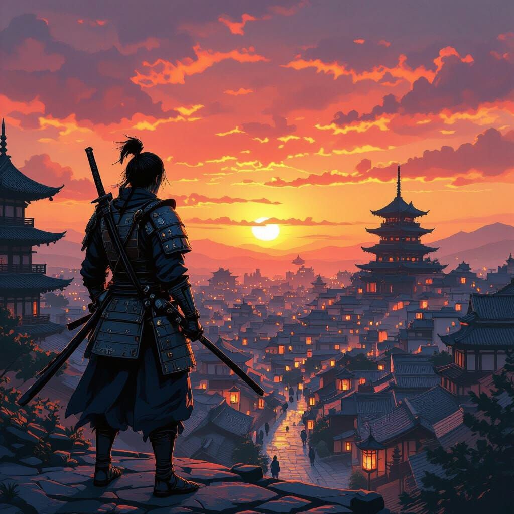 Samurai at Sunset Overlooking Medieval City