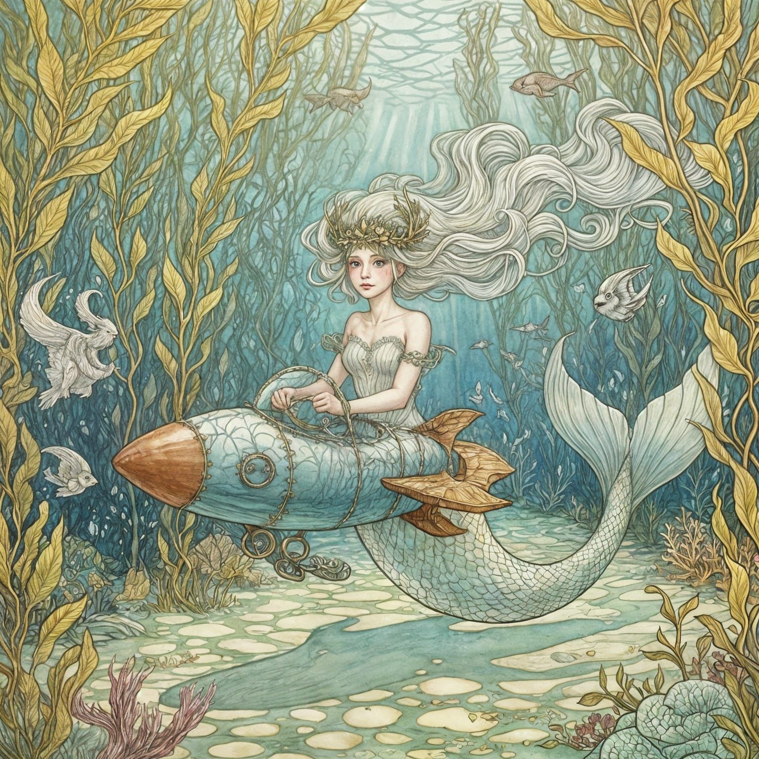 Opalescent Mermaid Piloting Rocket in Kelp Forest