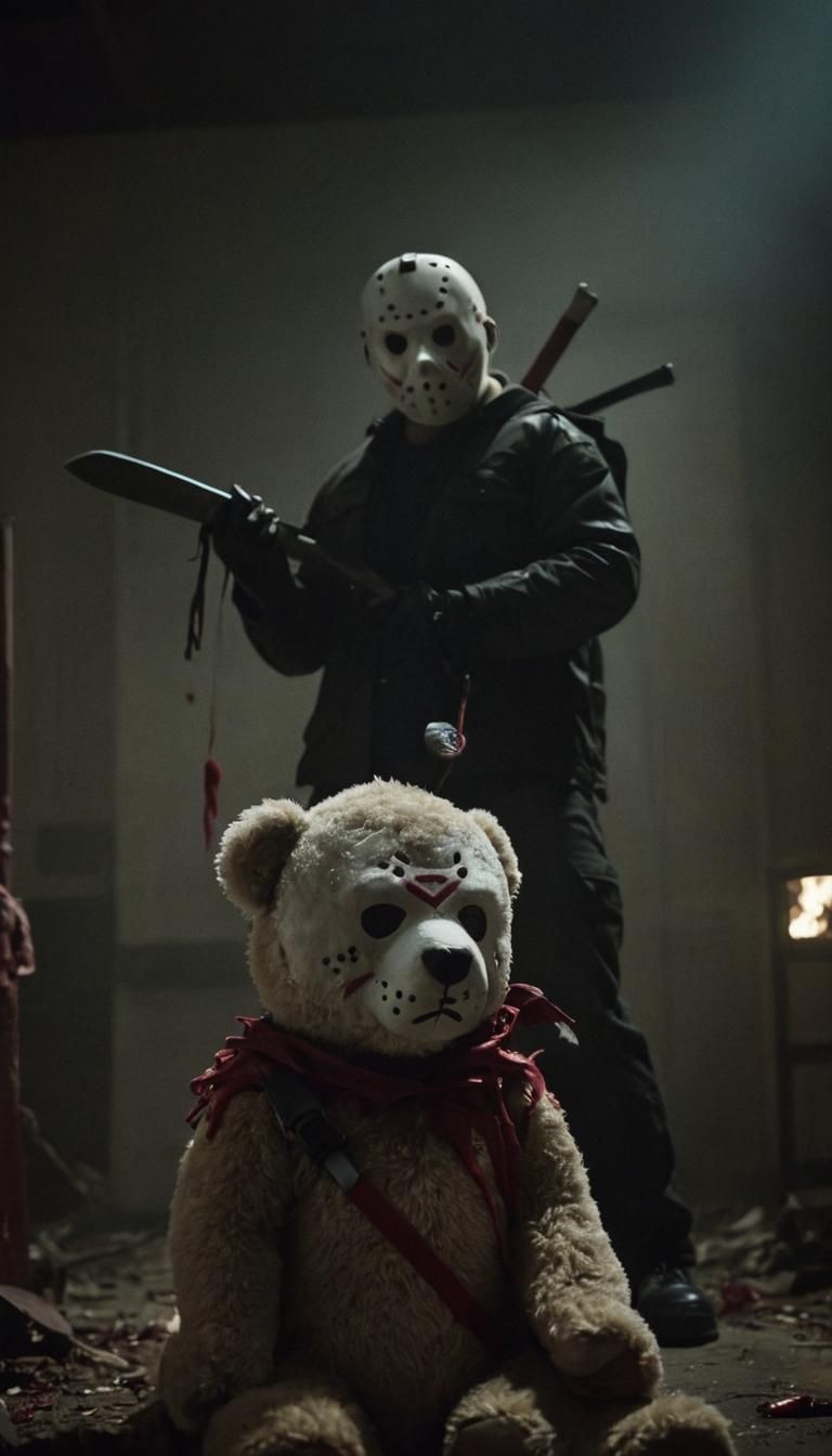 Menacing Teddy Bear on Horror Movie Set