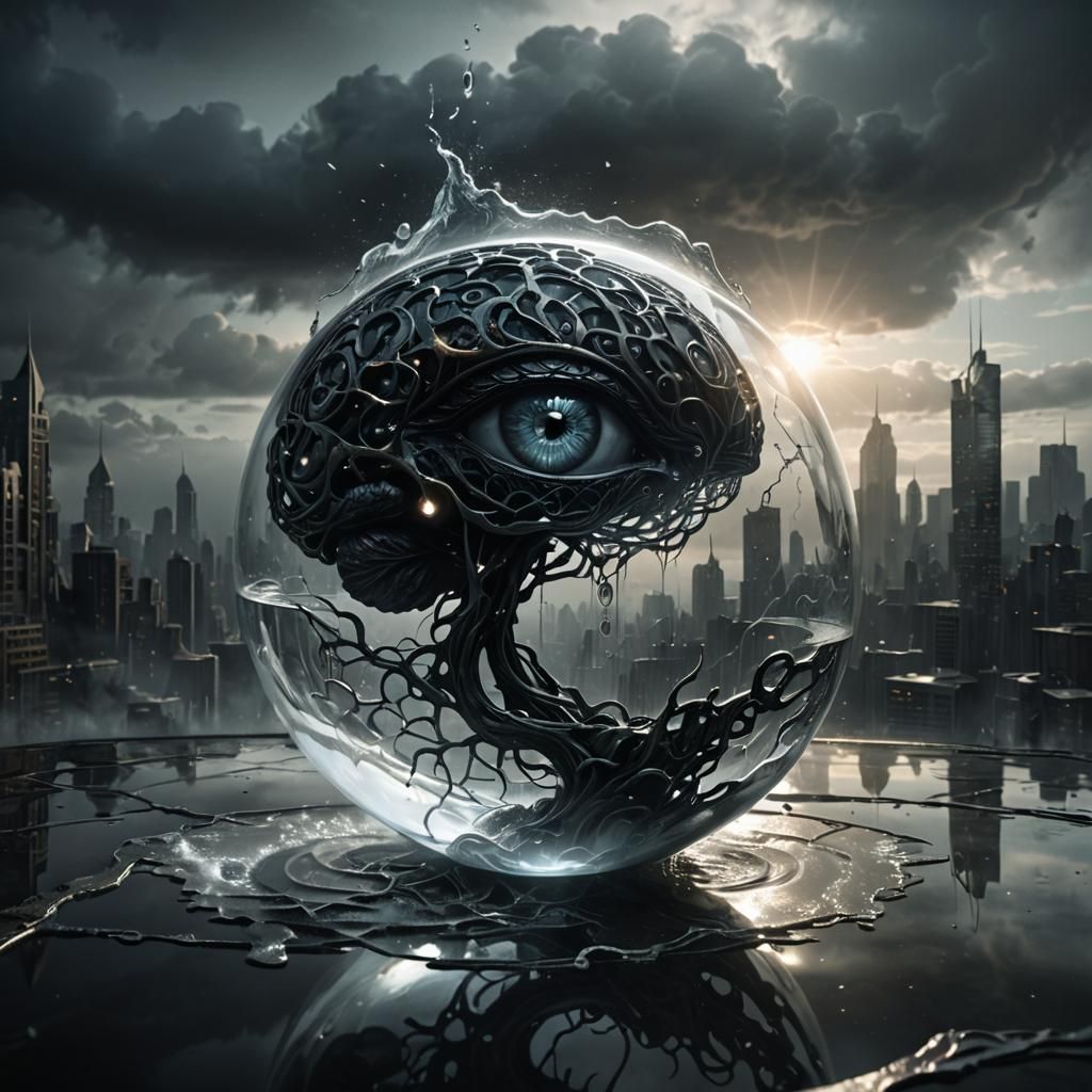 Eerie Glass Brain in Misty Cyberpunk Cityscape