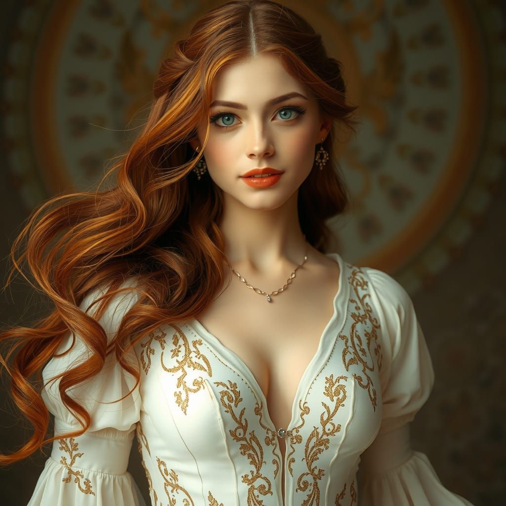 Auburn-Haired Woman in White Gown: Realistic Portrait