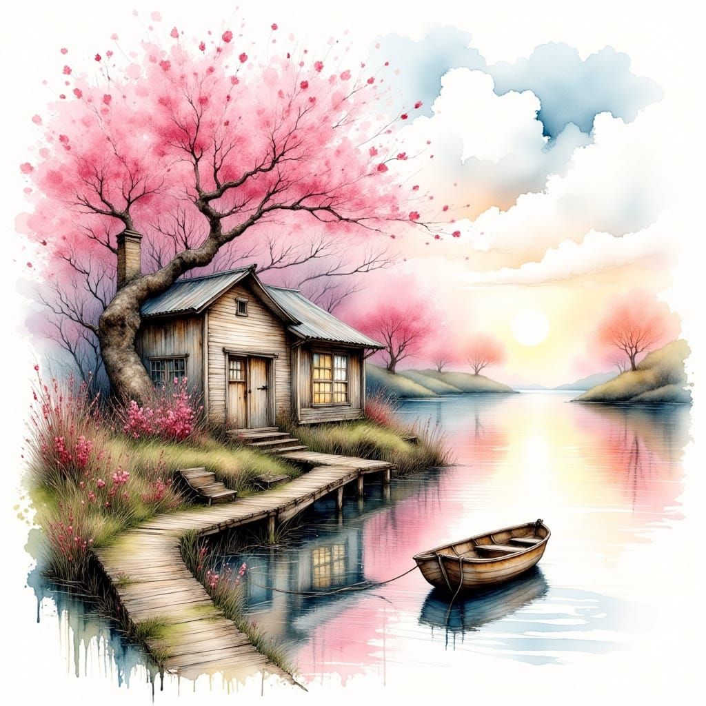 A serene lake in spring, a cherry tree next to a nice cottag...