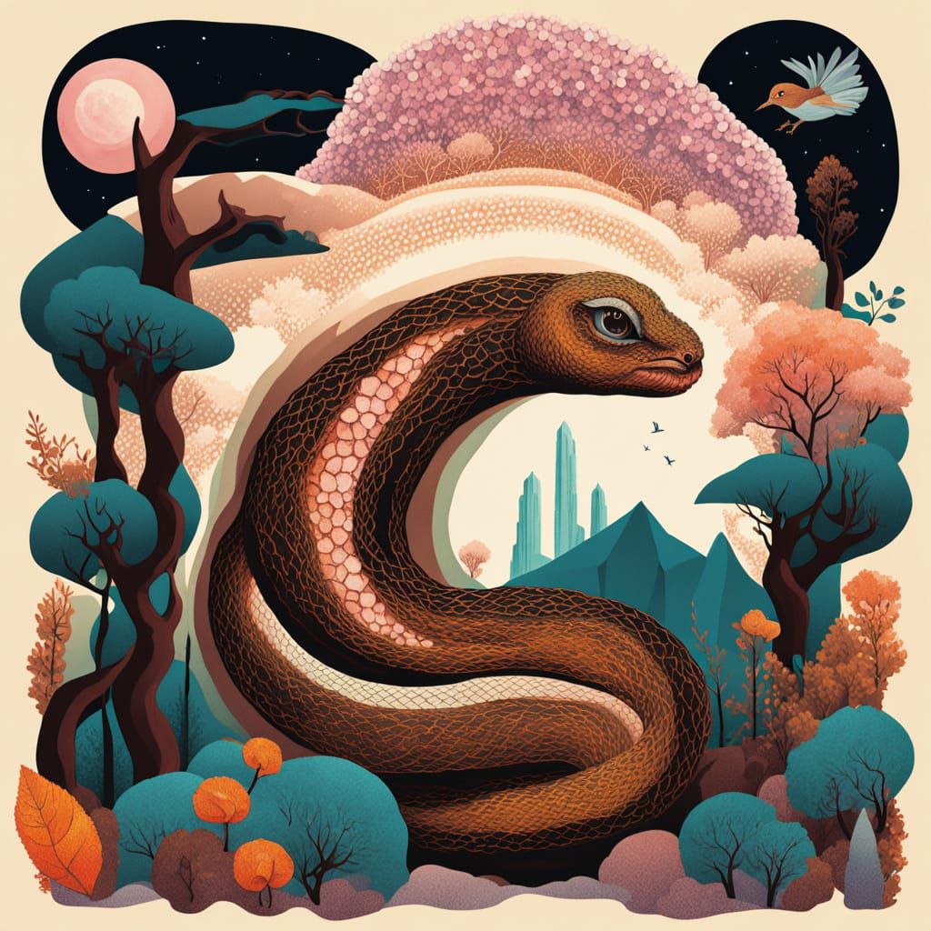 Surreal Snake's Cosmic Transformation in Dreamlike Forest