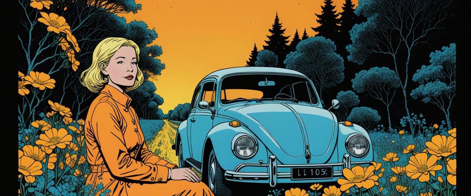 Laughing Girl in VW Beetle, Comic Art Style