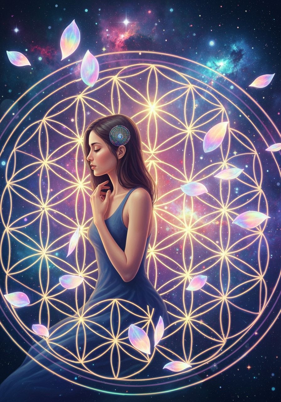 Woman Contemplating Flower of Life in Dreamy Cosmos