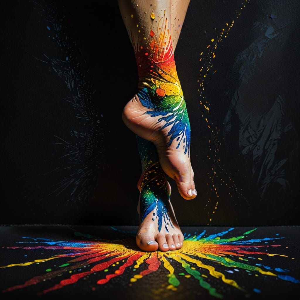 Pointillist Pyrography of Dancer in Red, Yellow, Green and B...