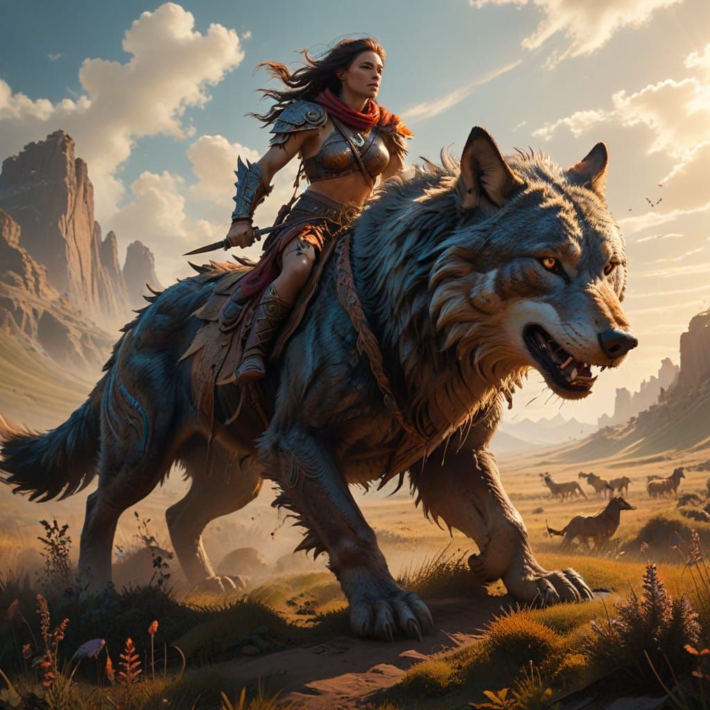 Human headed Nomads, adorned in worn, earth-toned leather armor, ride regally across a prairie on the back of a colossal...