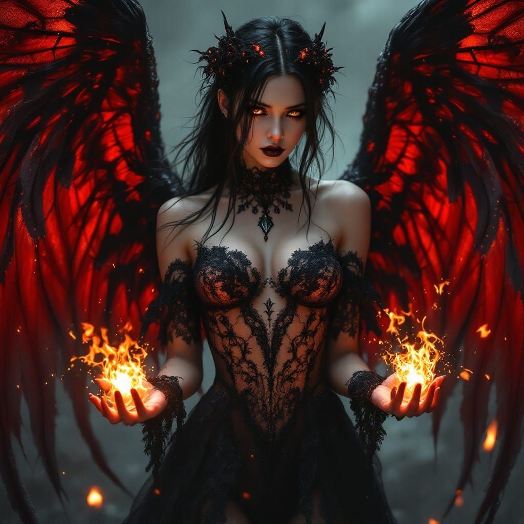 Gothic Biopunk Fallen Angel with Fireballs