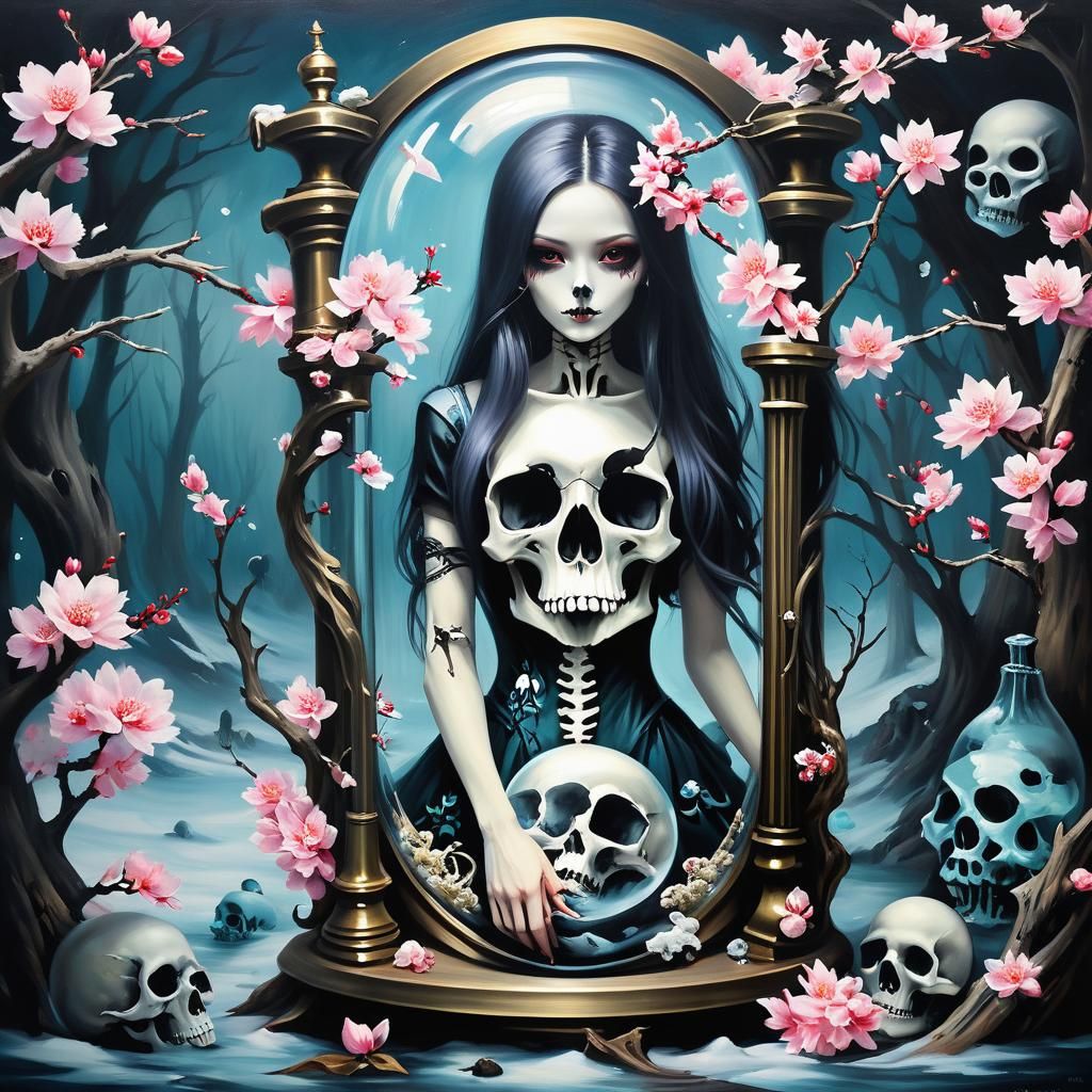 Surreal Mermaidpunk Oil Painting with Sakura and Skulls