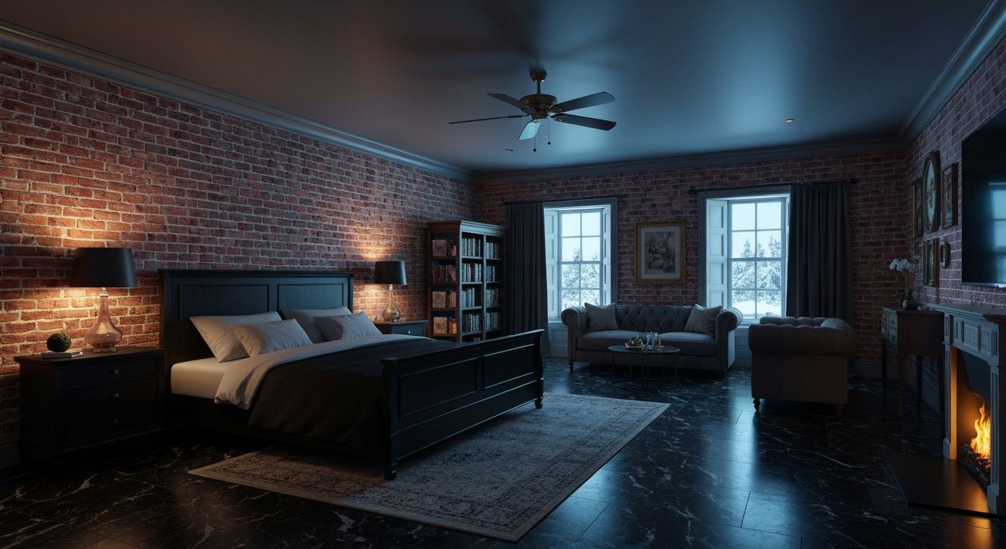Victorian Bedroom Cinematic View with Snowy Exterior