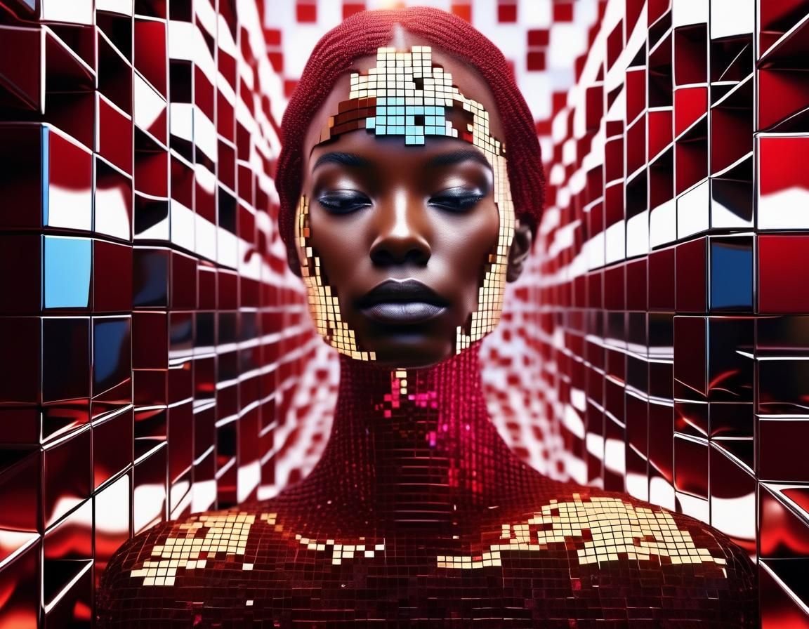 Surreal Woman Surrounded by Cubes in Photorealistic Style