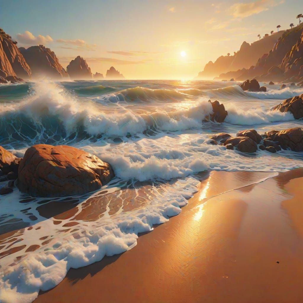 Rocky Beach Waves: Photorealistic Dawn Landscape