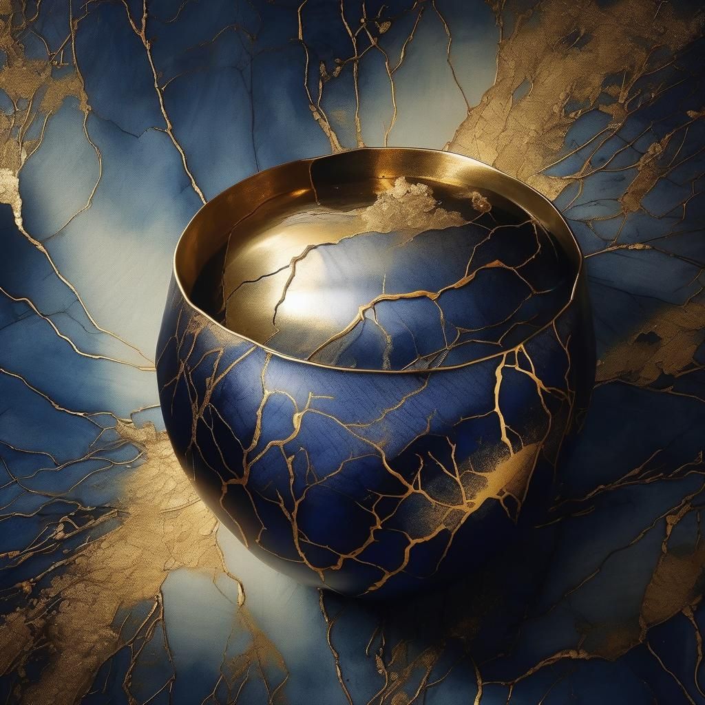 Dark Blue Kintsugi Bowl with Golden Cracks