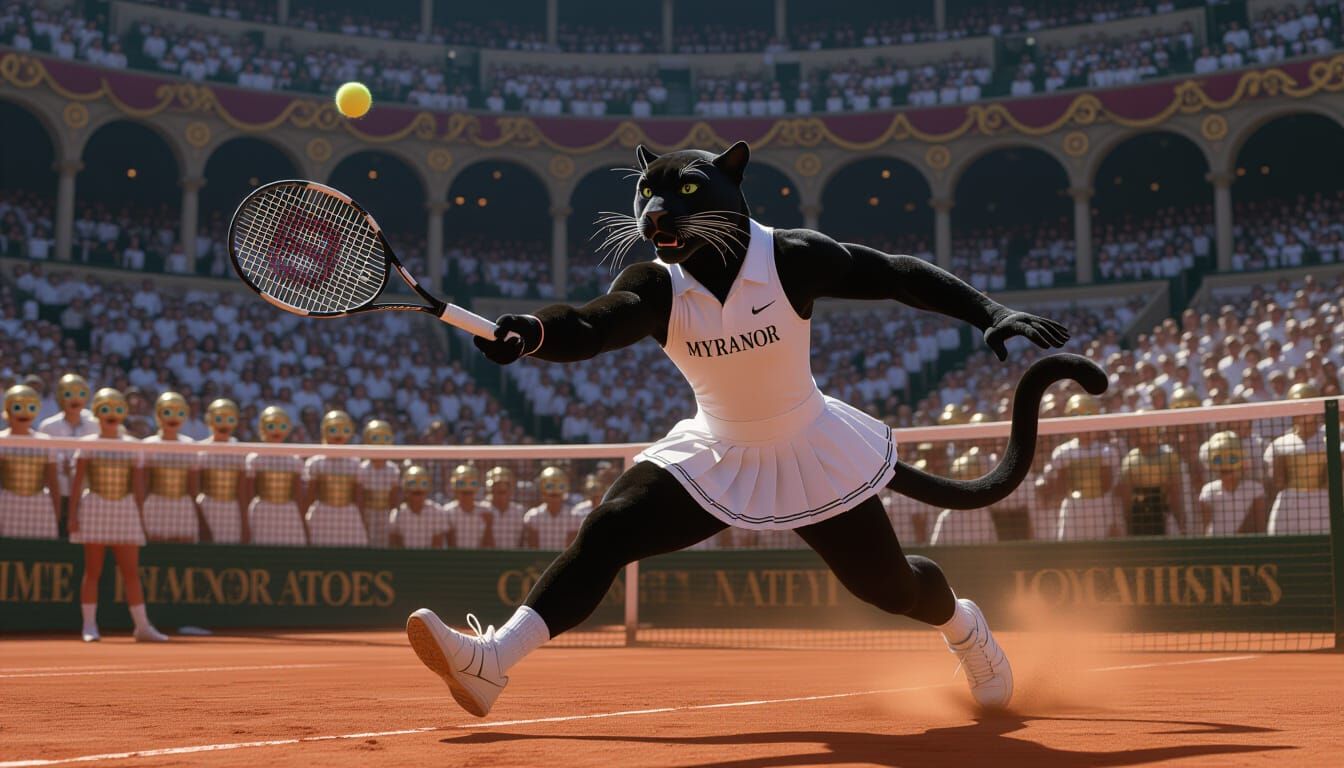 Panther Tennis Star Leaping on Clay Court