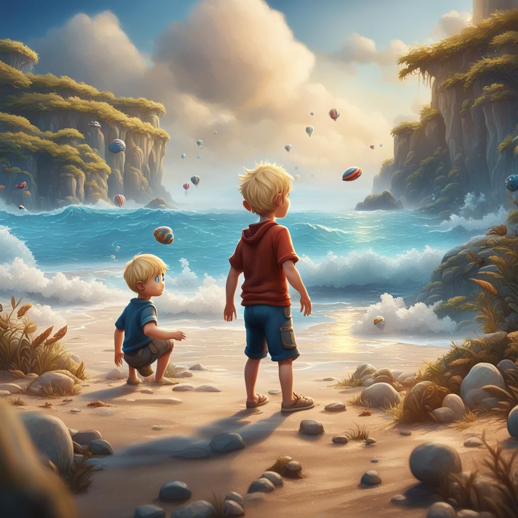 Cartoon Boy on Beach: Fantasy Concept Art