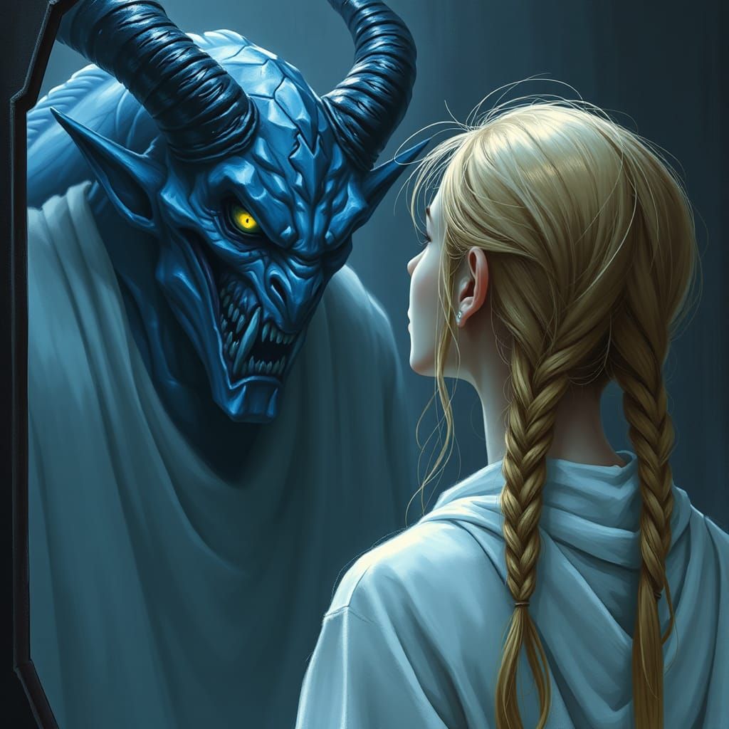 Blue Demon Gazing at Elf in Dark Fantasy Style