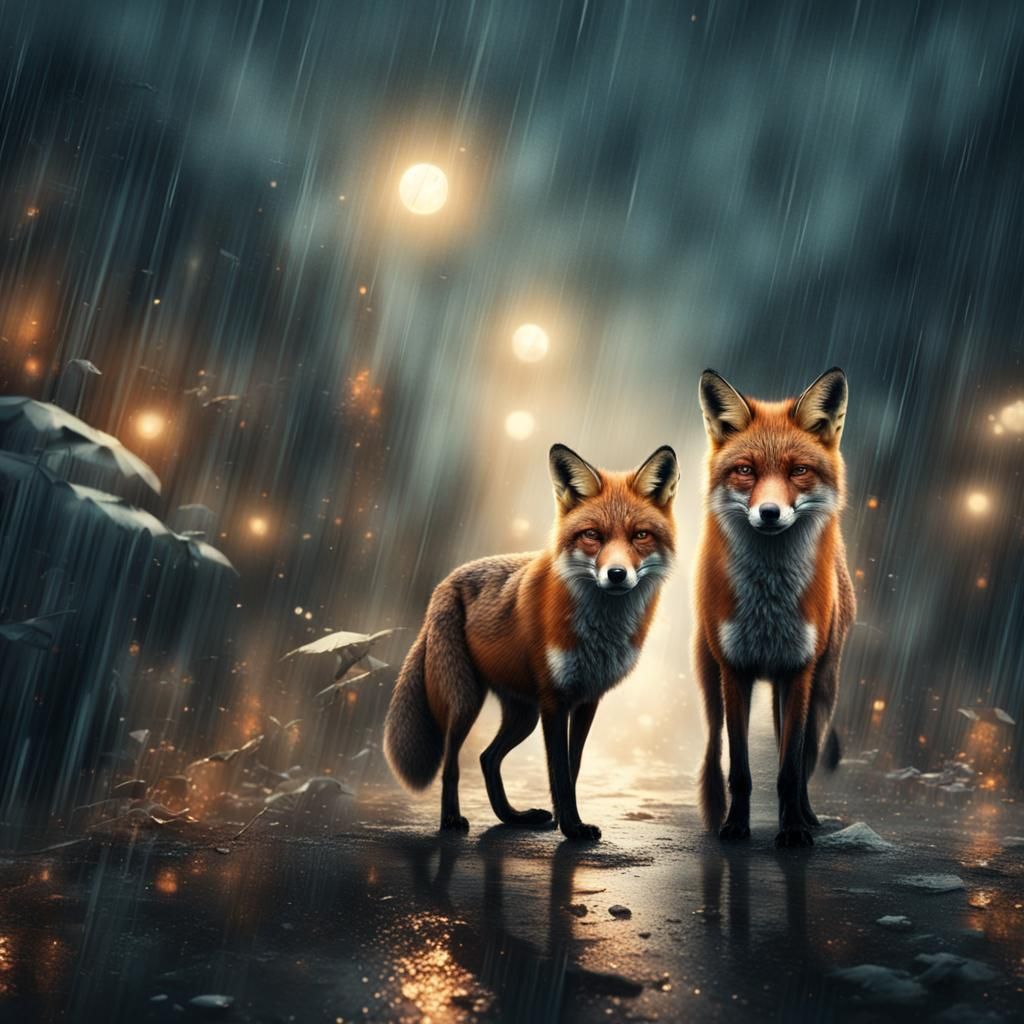 Two Angry Foxes in Rainy Night: Digital Matte Painting