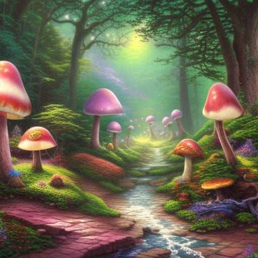 Ethereal Mushroom Forest in Kinkade Style