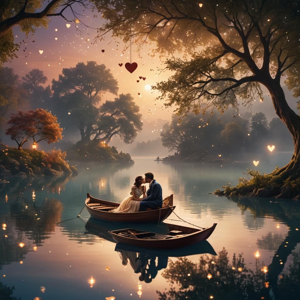 Romantic Kiss in Heart-Shaped Boat at Sunset