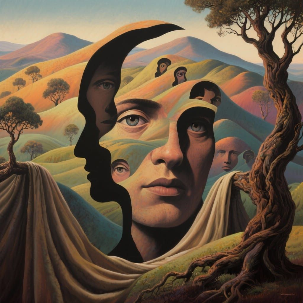 Hidden Faces Optical Illusion in Abstract Landscape