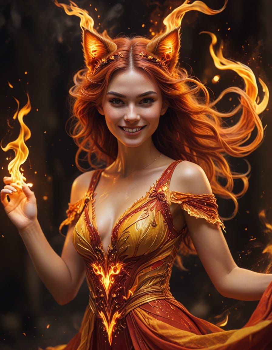 Enchanting Woman with Flame Hair in a Fantasy Realism Style
