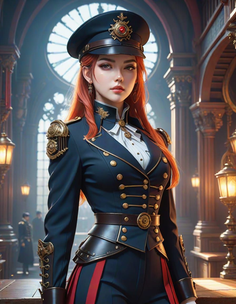 Elegant Steampunk Soldieress in Renaissance-Inspired Uniform