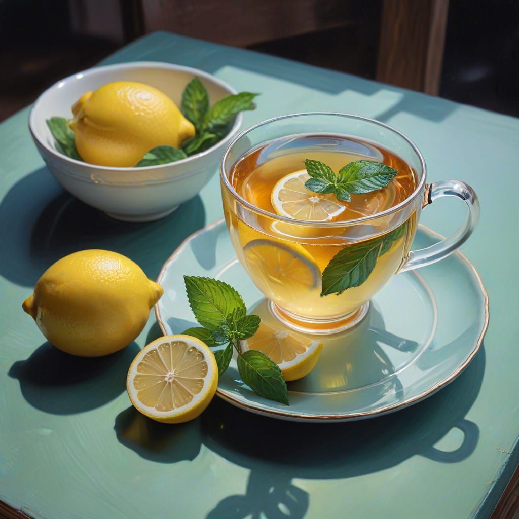 Hyperrealistic Tea with Lemon and Mint Watercolor